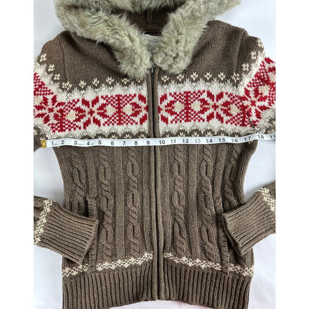 Y2K Aeropostale Fair Isle Knit Sweater Faux Fur Hood Bella Swan Twilightcore - M - Picture 10 of 11